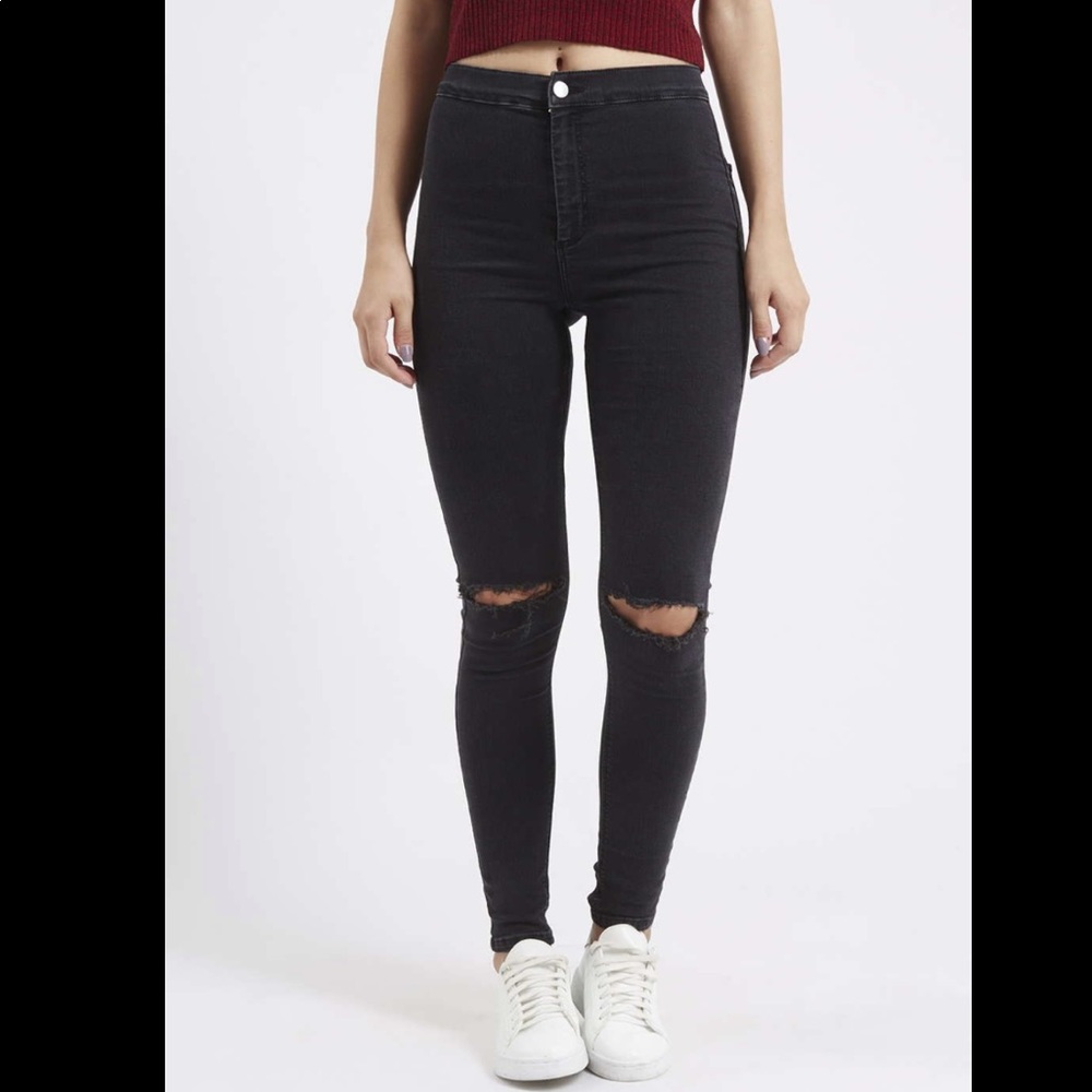 Topshop Moto washed black Joni jeans knee rip